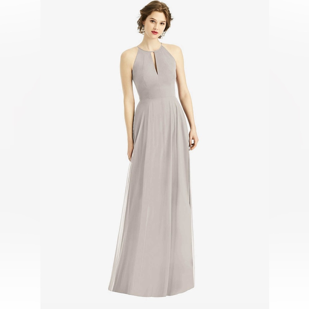 Dessy Keyhole Halter Chiffon Maxi Dress in Taupe